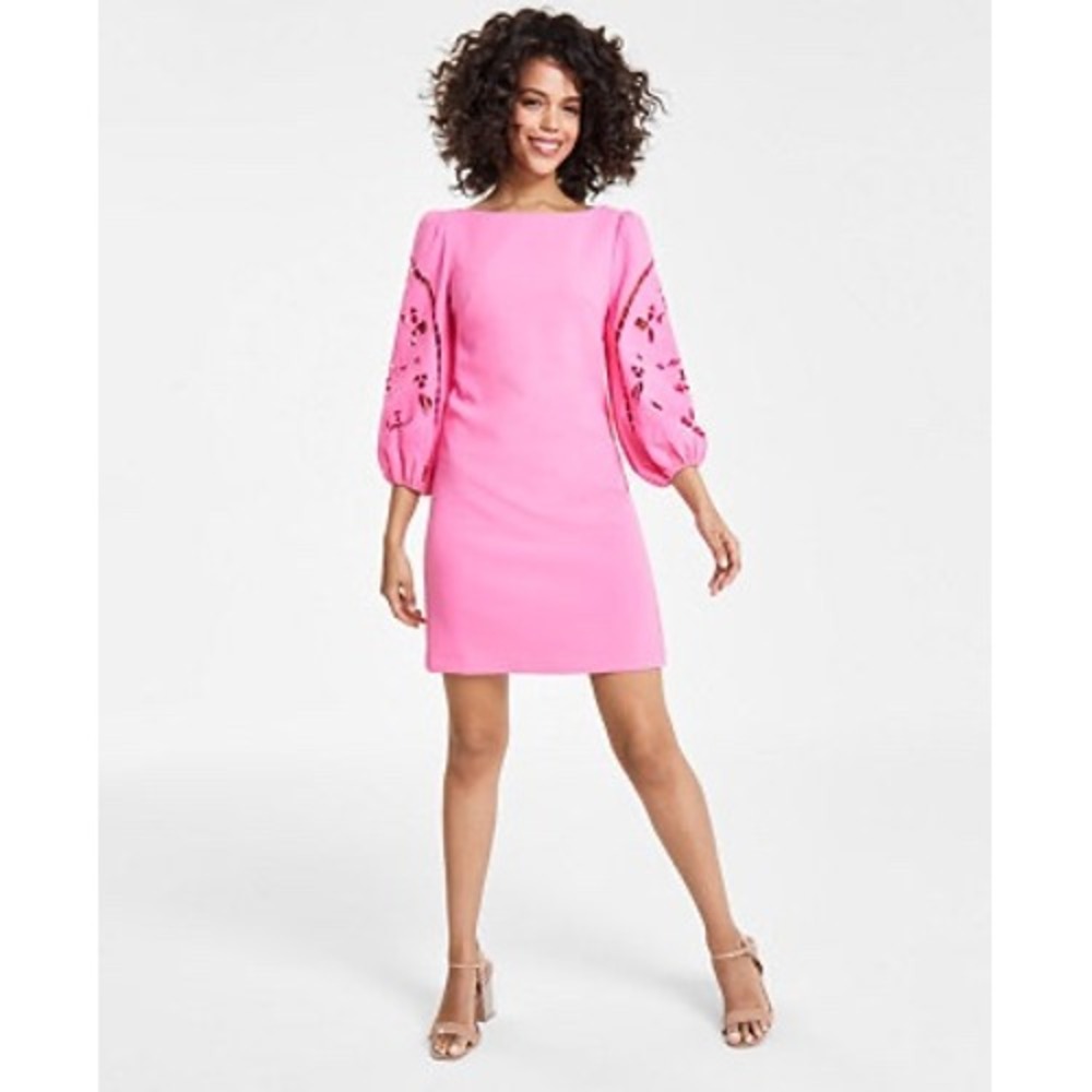 Vince Camuto Floral Embroidered Mini Shift Dress Sz 10 Pink